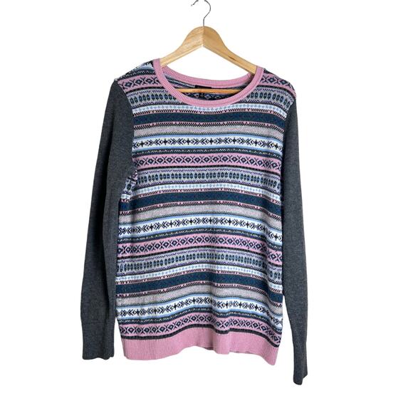 Talbots Women's Gray Pink Fair Isle Knit Casual Sweater Size M Lambswool Blend - Picture 1 of 7